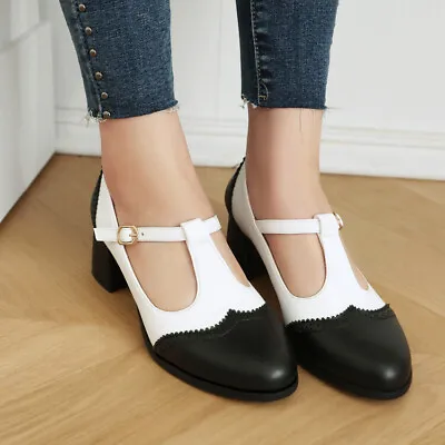 Women's T Strap Party Round Toe Pumps College Mary Jane Mid Block Heels Shoes • $45.27