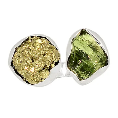 Natural Genuine Czech Moldavite & Goldn Pyrite 925 Silver Ring S.6 CR30713 • $33.99