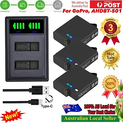 3x 2600mAh Battery + USB-C Charger For GoPro Hero5 Hero 6 Hero 7 Black AHDBT-501 • $49.90