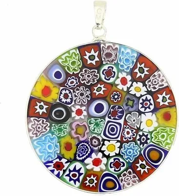 Glass Of Venice Murano Millefiori Pendant Necklace Multicolor Silver Frame 1 1/2 • $40