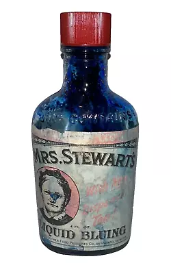 Vintage 1963 MRS STEWART'S LIQUID BLUING 4oz Blue Glass Bottle Advertising Empty • $20