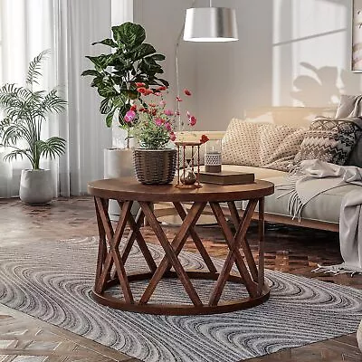 Farmhouse Coffee Table Round Coffee Table With X-Motifs Legs Wood Textured Top • $137.99