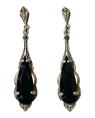 Vintage Sterling Art Deco Revival Earrings Marquise Black Onyx Marcasite Drop • $61.19