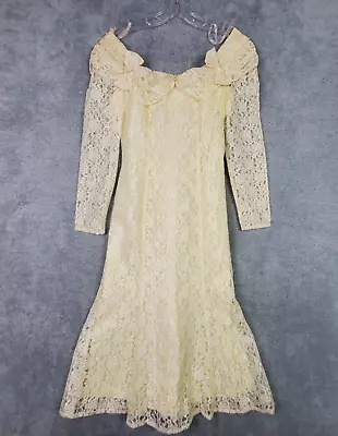 Vtg 70s Womens Wedding Dress Size S Beige Lace Pearls Off Shoulder Mermaid Gown • $75