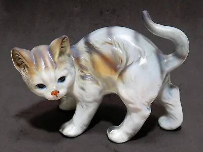 Vintage  Enesco Cat Figurine Japan Ceramic  4 3/4  Tabby Kitty Blue Eyes Statue • $22.50