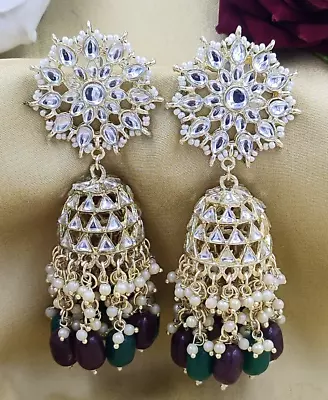 Gold Plated Bollywood Indian Kundan Big Jhumka Multicolor Earrings Jewelry Set • $39.99