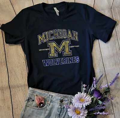 Navy New University Of Michigan Wolverines Womens Rhinestone V-Neck T-shirt S-4X • $24.99