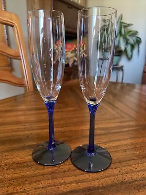 Vintage Blue Stem Champagne Flute Wine Glasses Set Of 2  Beautiful Condition! • $20