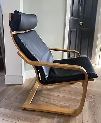 IKEA Poang Comfy Black Leather Seat Oak Veneer  Frame Chair DELIVERY AVAILABLE • £109