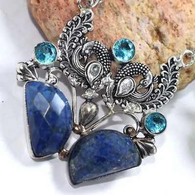 925 Sterling Silver Lapis Lazuli & Topaz Gemstone Butterfly Jewelry Necklace • $12.74