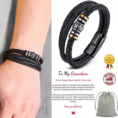 To My Grandson Bracelet Bangle Mens Braided Leather Wristband Jewelry Gift Card • £7.99