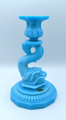 $126 • Buy Vintage  Dragon Koi Fish Turquoise Blue Milk Glass  Candlestick