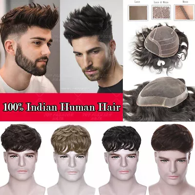 $62.37 • Buy Men Toupee Remy 100% Human Hair PU Hairpiece Wigs Lace Replacement System 150%