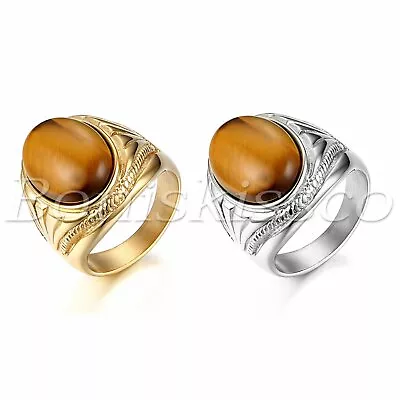 Men's Retro Gold Plated Stainless Steel Oval Tiger's Eye Stone Ring Band #7-13 • $9.99