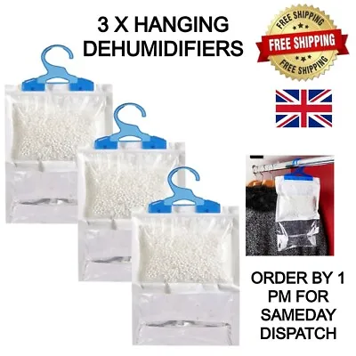 3 X Hanging Wardrobe Interior Dehumidifiers Bags Moisture Absorber Fits Anywhere • £9.29