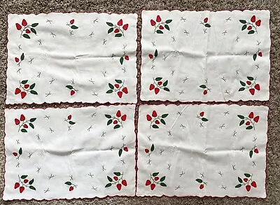 Madeira Vintage Placemats Embroidered Strawberries Set Of 4 Cotton Linen • $150