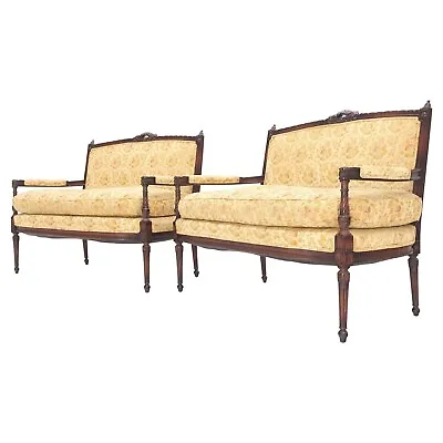 Pair Of Antique Quality Carved Walnut & Gold Upholstery Sofas Love Seats MINT! • $5120