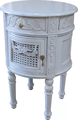 French Round Bedside Table Antique White 1 Drawer Cupboard Rattan Door BS025P • £350