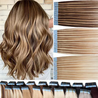 £23.28 • Buy Tape In Russian Remy Human Hair Extensions Silky FULL HEAD Skin Weft Highlight A