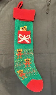 Vintage 19” Knit Christmas Stocking Stuffed Teddy Bear In Pocket 3D Red Green • $17.05