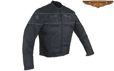 Men's Motorcycle Black Textile Biker & Fashion Jacket W/ Reflective Skulls • $108.99