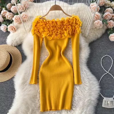 Romantic Women 3D Flowers Party Elegant Off Shoulders Long Sleeve Knitted Dress • $36.98