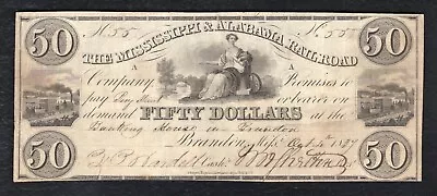 1837 $50 The Mississippi & Alabama Railroad Brandon Ms Obsolete Currency Note • $149.95