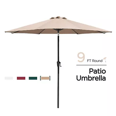 9FT Patio Solar Market Umbrella Steel Tilt W/ Crank Outdoor Sun Shade Khaki • $43.98