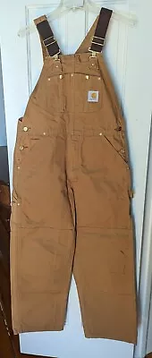 Vintage Carhartt Overalls Unlined Duck Bib Double Knee R01 BRN Sz 34x30 USA Made • $54.95