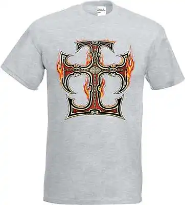 T Shirt IN Ashton With Gothic Biker- & Tattoo Motif Model Flame Cross • £12.59