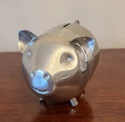Tuni  Piggy Bank Silver Plated Metal Pig Coin Bank Vintage 4.5” Curly Tail BE • $11.99