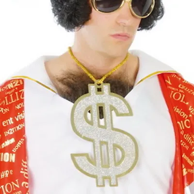 Gold Dollar Pimp Necklace Chain Pendant Gangster Fancy Dress 70s Disco LARGE • £4.99