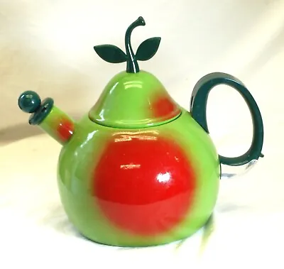 Enamel Whistling Tea Kettle Pear Shaped Green & Red • $34.99