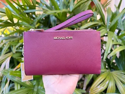 Michael Kors Jet Set Travel Large Double Zip Phone Wallet Wristlet Dark Cherry • $58