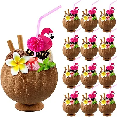 Taiyin Coconut Cups With Flamingo Straws Hawaiian Luau Party Decorations Pink... • £73.85