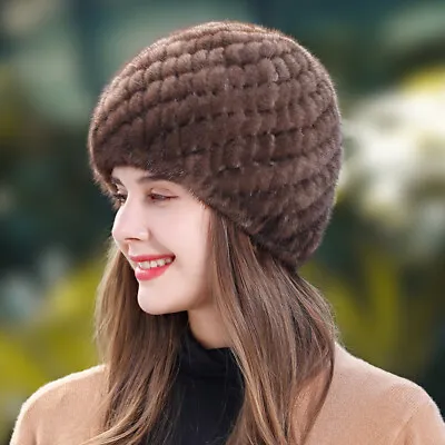 Women's Real Mink Fur Hat Knitted Cap Elastic Winter Warm Beanies Outdoor Hat • $25