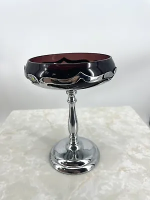 Vintage Farber Bros New York - Chrome Amethyst Glass Pedestal Compote - 7.5” • $129.97