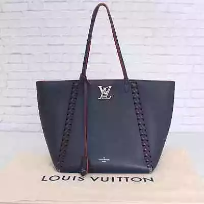 Louis Vuitton Marine Rouge Taurillon Lockme Cabas Tote Navy Leather Shoulder Bag • $1099