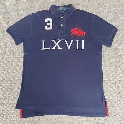 Polo Ralph Lauren Shirt Mens Medium Navy Blue Short Sleeve Dual Horse #3 LXVII • $43.16