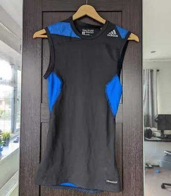 £23 • Buy Mens Adidas Techfit Compression Shirt Black Blue Climacool Short Sleeve SIZE XS