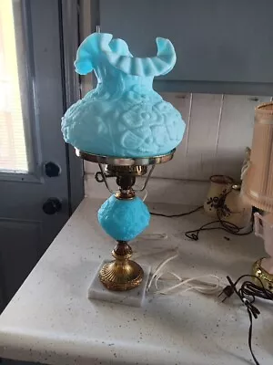  Fenton Blue Satin Poppy 19  Student Lamp With Marble Base WorksNo Chips Lovely • $325