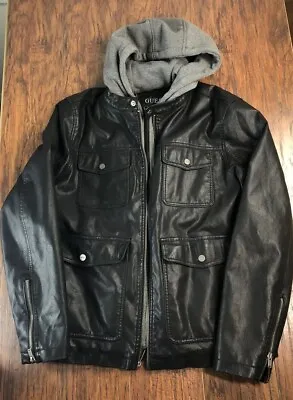 Guess Mens Black Leather Moto Jacket Large Removable Hoodie Gray Zipper Cafe • $49.99