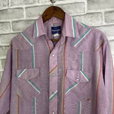 VTG Wrangler 90s Pink Striped Western Rodeo Pearl Snap Shirt Men Medium 15-15.5 • $29