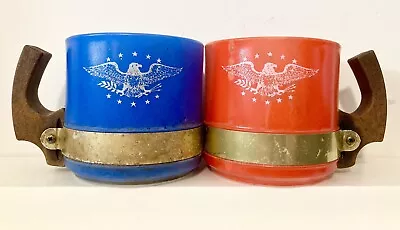 Two Vintage Siesta Ware Mug With Eagle & Wooden Handle Red & Blue • $12.95