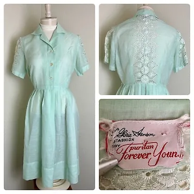 VTG 50s Mint Green Lace Gloria Swanson Puritan Forever Young Sheer Shirt Dress L • $49.99