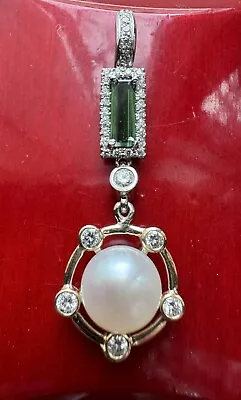 14K White Gold Natural 1.54CT Diamond Green Tourmaline 9.5MM White Pearl Pendant • $1400