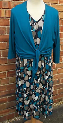 Eastex Black & Blue Jade Pattern Jersey Dress & Bolero 22uk • £20
