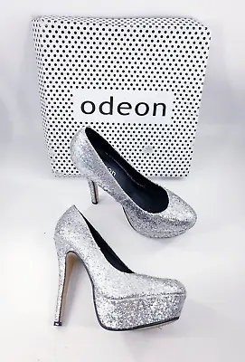 Odeon Size 5 (38) Silver Glitter Faux Leather Platform Stiletto Heel Court Shoes • £10