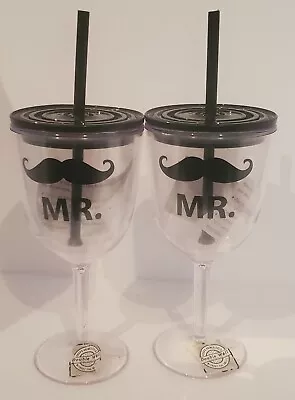 2 Slant Collections Double Wall Acrylic Wine Glass Lid & Straw Mr. Moustache NEW • $27.99