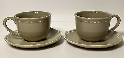 Set Of 2 Martha Stewart Taupe Beaded Border Cup & Saucer Sets • $13.95